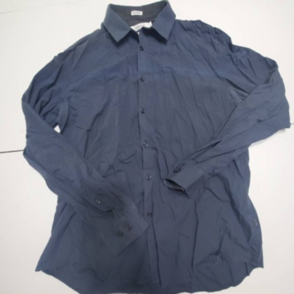 Calvin Klein Mens Button Front Shirt Blue Slim Fit Spread Collar 100% Cotton L